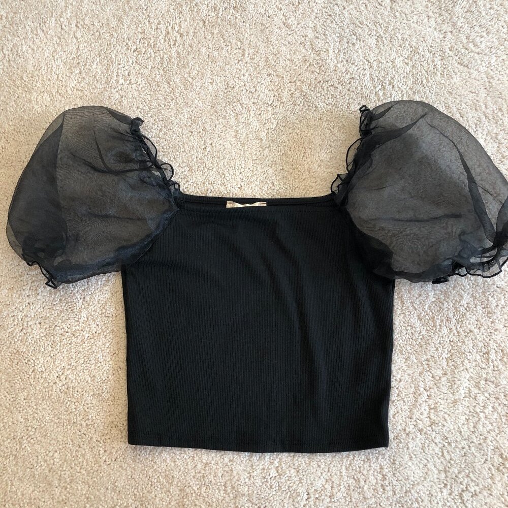 NWOT Altar'd State Black Sheer Puffy Sleeve Ribbed Crop Top Shirt Blouse